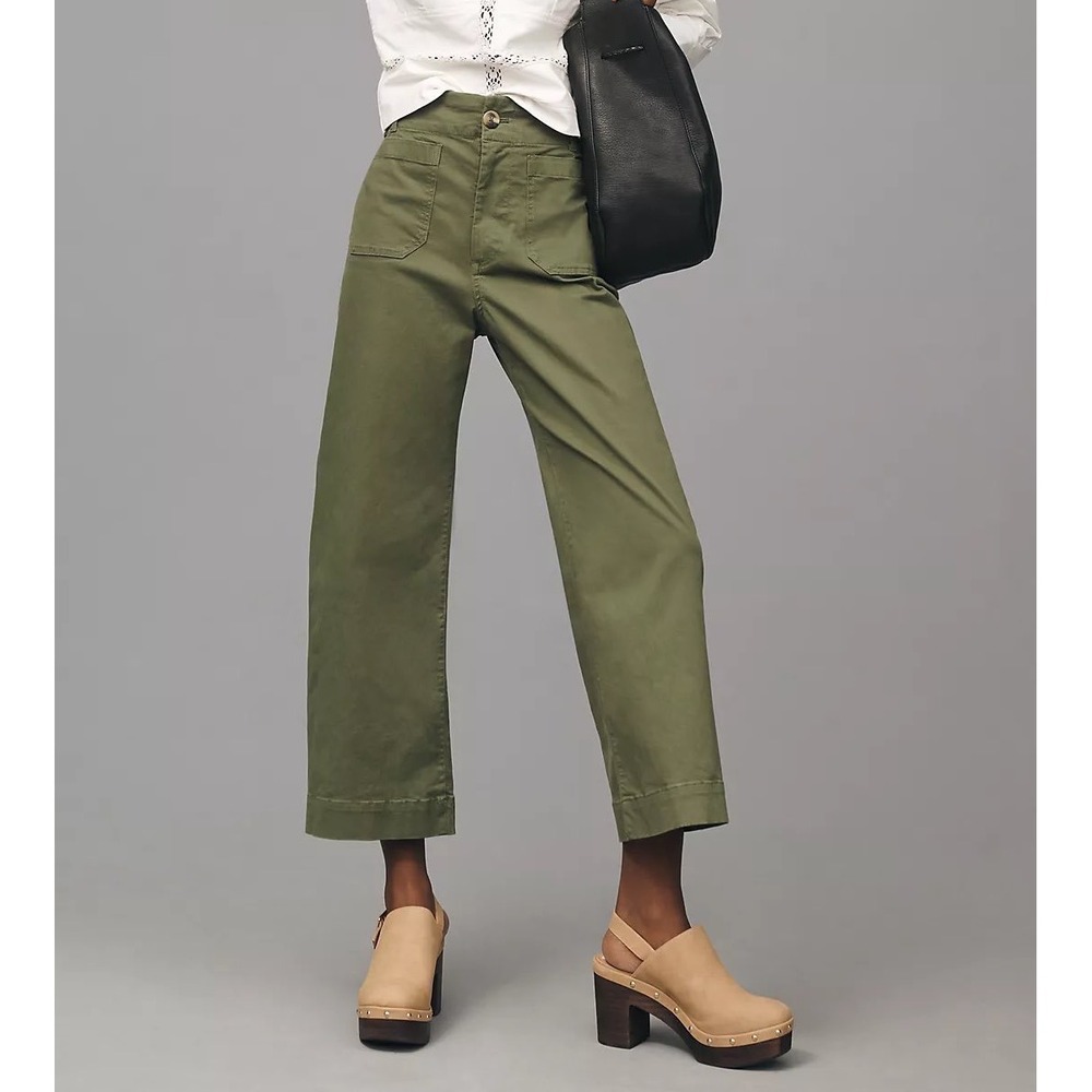 Maeve Anthropologie The Colette Wide Leg Crop Pants Olive Green 27 Linen Blend